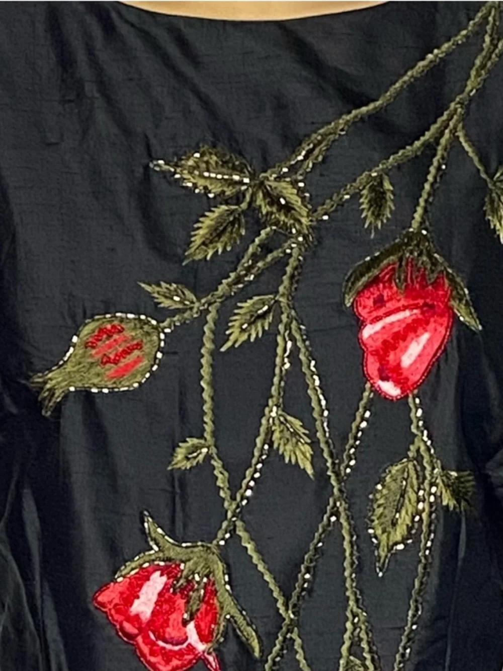 Vintage 100% Silk Black Mini Dress with Beaded Rose Embroidery - Romantic M